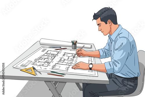 An architect drawing on a blueprint at a table, wearing a watch