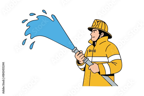 Cartoon illustration of a firefighter using a hose to spray blue water
