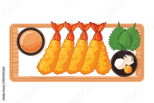 Japanese tempura dish on a wooden tray with dipping sauce and side dishes