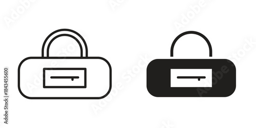 Barrel handbag icons. Solid black silhouette and line art outline. Minimal design element,
