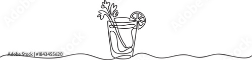 Continuous single line drawing of a Bloody Mary cocktail glass in a clean minimalist outline style, modern bar drink vector illustration