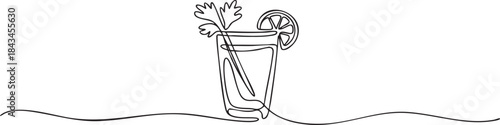 Continuous single line drawing of a Bloody Mary cocktail glass in a clean minimalist outline style, modern bar drink vector illustration