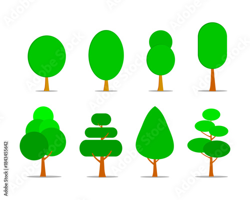 Tree Icon Set Collection – Minimal flat tree icons with various shapes and green canopies, isolated on white background