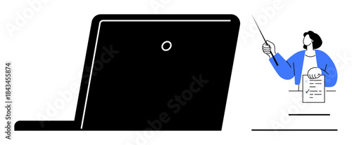 Laptop screen with individual pointing to data sheet while presenting. Ideal for education, training, remote work, business communication, teaching, analysis, collaboration. A simple flat metaphor