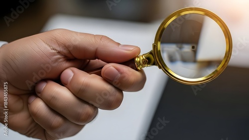 Hand Holding Magnifying Glass Over Laptop.