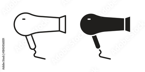 Blow dryer icons. Solid black silhouette and line art outline. Minimal design element,
