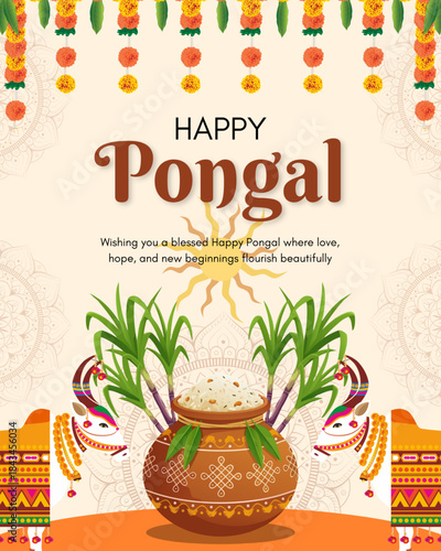 Happy Pongal Festival Traditional South Indian Harvest Wish Design