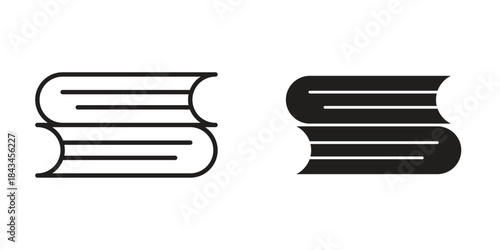 Books icons. Solid black silhouette and line art outline. Minimal design element,