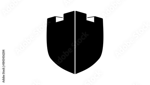 A shield-shaped castle symbol, black isolated silhouette