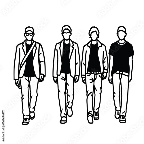 silhouettes of people, fashion boys line art, drawings of fashion boys  outline vector templates for digital model 