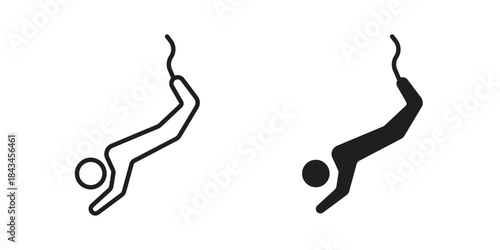 Bungee jumping icons. Solid black silhouette and line art outline. Minimal design element,