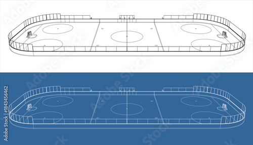 Wide Angle Perspective of Ice Hockey Rink Wireframe Sketch