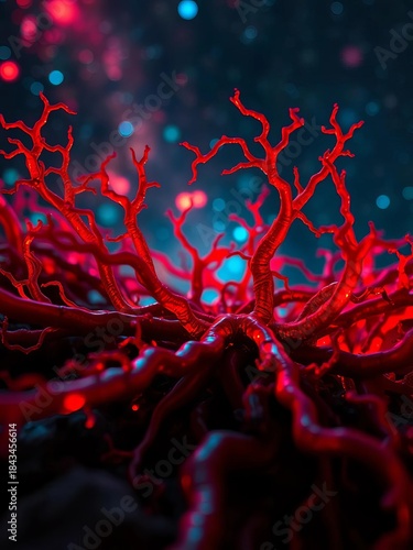 Crimson roots unfurl like cosmic nebulae, microscopic veins aglow, epic vista of terrestrial life,  growth,  epic
