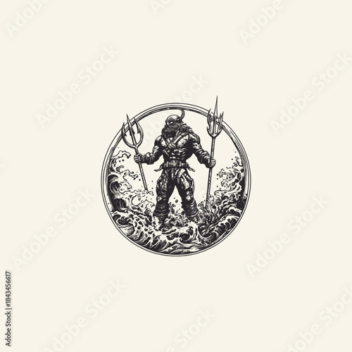 Vintage hand drawn illustration of a powerful warrior holding a trident standing on rocks amidst ocean waves, engraving style vector