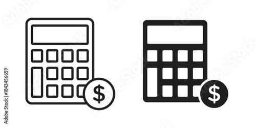 Calculator and dollar icons. Solid black silhouette and line art outline. Minimal design element,
