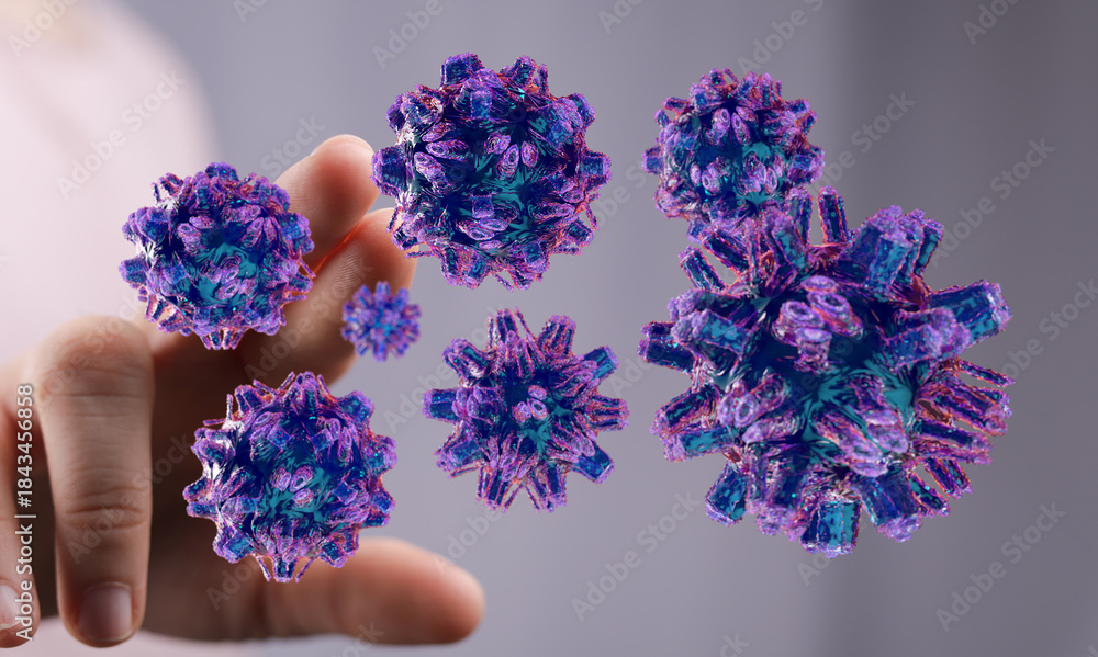 Fototapeta premium Artistic rendering of viruses floating near a hand. The image captures the concepts of science, research, and
