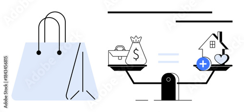 Financial balance concept. Financial symbols thumbs up money, savings, and home value conveyed on scales. Financial prioritization, budgeting, and purchasing decisions. Useful for finance, lifestyle