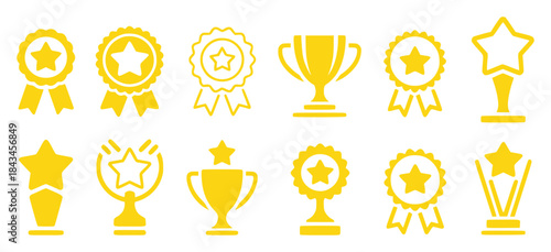 Collection of yellow award icons including trophies and ribbons with stars