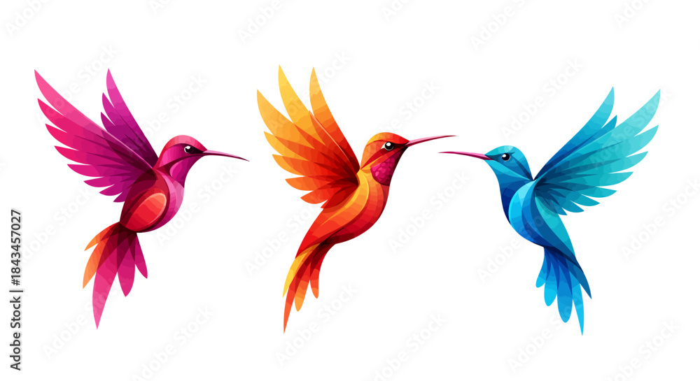 Fototapeta premium Trio of Vibrant Hummingbirds: Dynamic Stylized Illustrations in Shades of Pink, Orange, and Blue, Capturing Birds in Energetic Flight