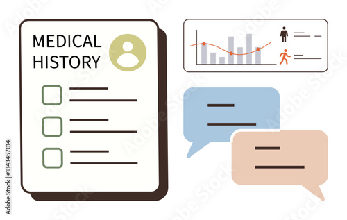 Medical history sheet, bar chart with data, speech bubbles. Ideal for healthcare, communication, patient records, data analysis, conversation diagnostics digital health. Simple flat metaphor