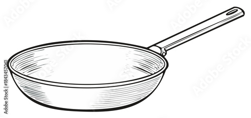 Black and white illustration of a frying pan with a long handle and hashed interior