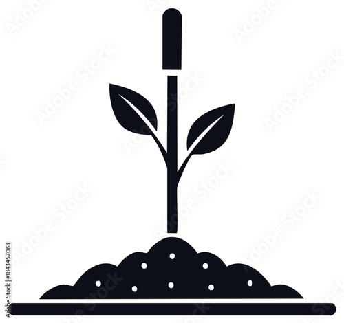 Stylized graphic illustration of a sprouting plant emerging from fertile soil