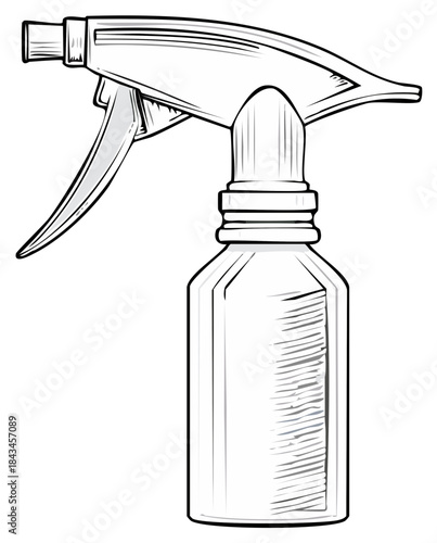 Line Drawing of a Classic Trigger Sprayer Bottle with a Clear Container and Black Outline