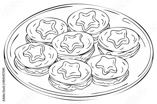 Plate of star shaped cookies black and white illustration