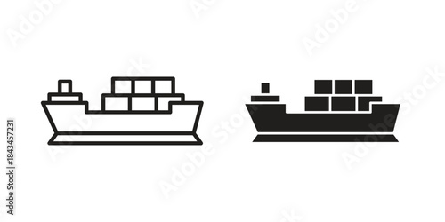 Cargo Ship icons. Solid black silhouette and line art outline. Minimal design element,