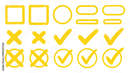 Collection of Yellow Checkmarks, Crosses, and Shapes on White Background
