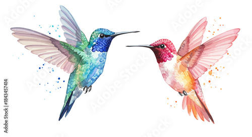 Watercolor Hummingbirds in Flight: A Vibrant Pair of Blue and Pink Avian Art with Ethereal Paint Splashes