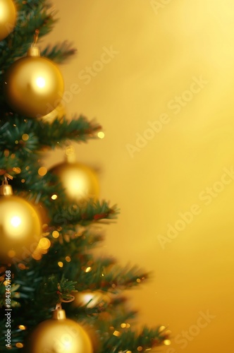 Christmas tree branch with golden ornaments and lights, festive holiday background