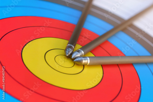 Close-up 3 Arrows put on center point of Bow target with copy space and sunset light, Background for Business target or Weeekend hobby concept.