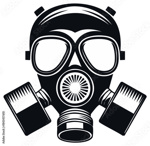Retro gas mask illustration in black and white, protection from environment hazards.