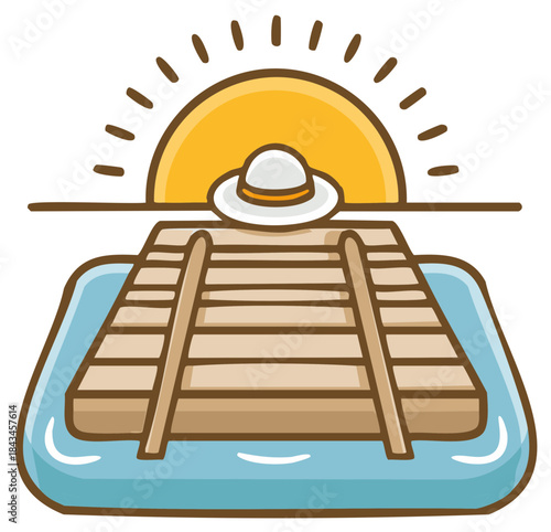Floating wooden pier with hat at sunrise illustration relaxation vacation travel journey lifestyle concept