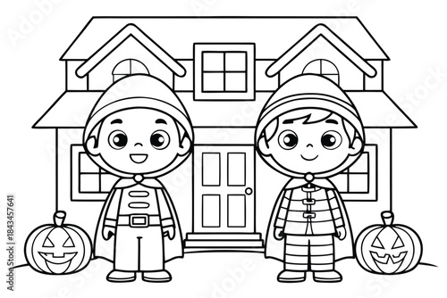 Studious Child Reading an Interesting Book, Black and White Outline Kids Coloring Page