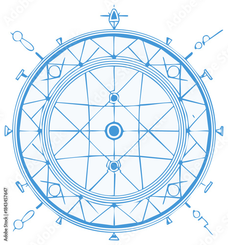 Blue Magic Circle with Star Pattern, Runes, and Symbols on a White Background