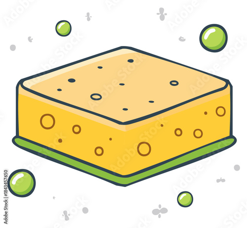 Cartoon illustration of a kitchen sponge with bubbles floating in the air.