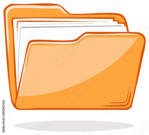 Illustration of an open orange file folder with documents inside on a white background