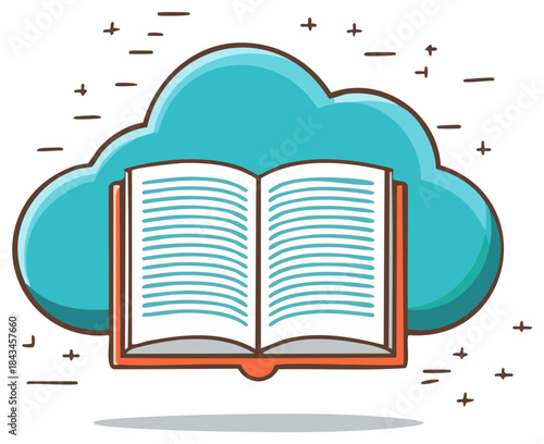 Open book floating on cloud data concept digital library learning technology