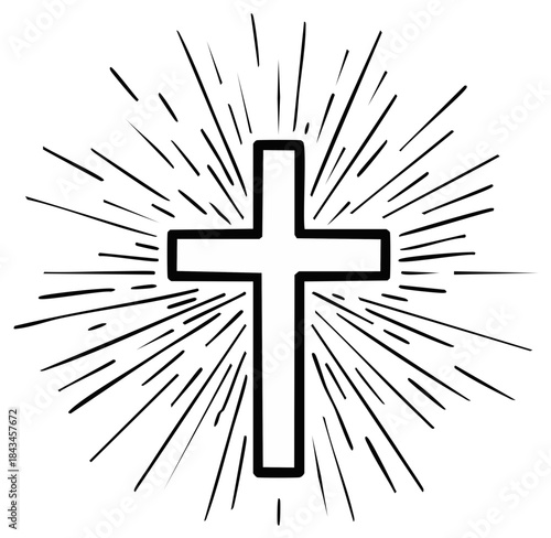 Hand Drawn Christian Cross Symbol with Radiating Light Beams Vector Art