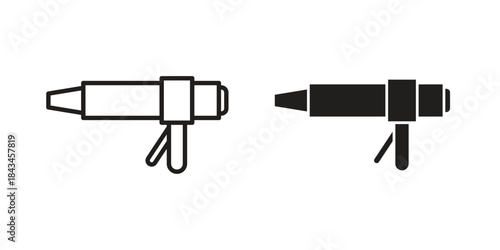 Caulk gun icons. Solid black silhouette and line art outline. Minimal design element,