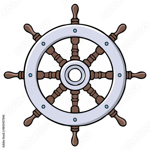 Cartoon illustration of a boat steering wheel against a white background.