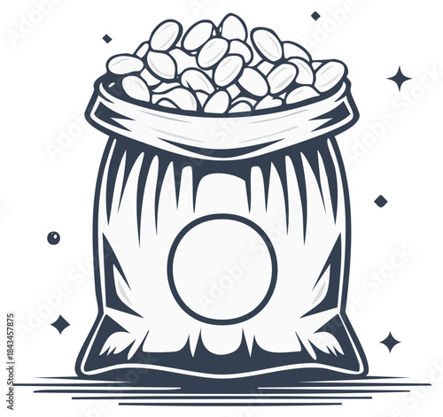 Cartoon sack filled with nuts, seeds or beans, black and white graphic