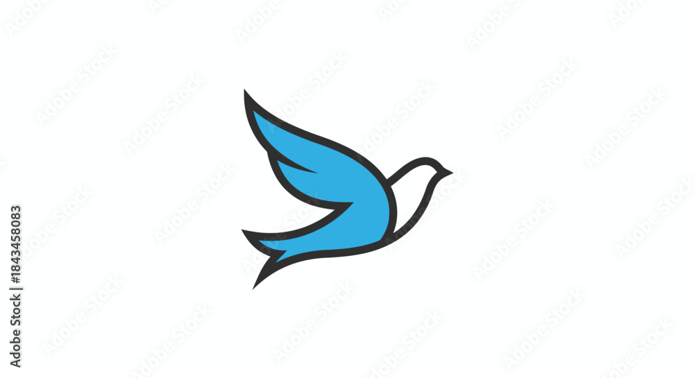 Obraz premium A stylized blue bird with black outline flying against a white background, representing freedom and peace.