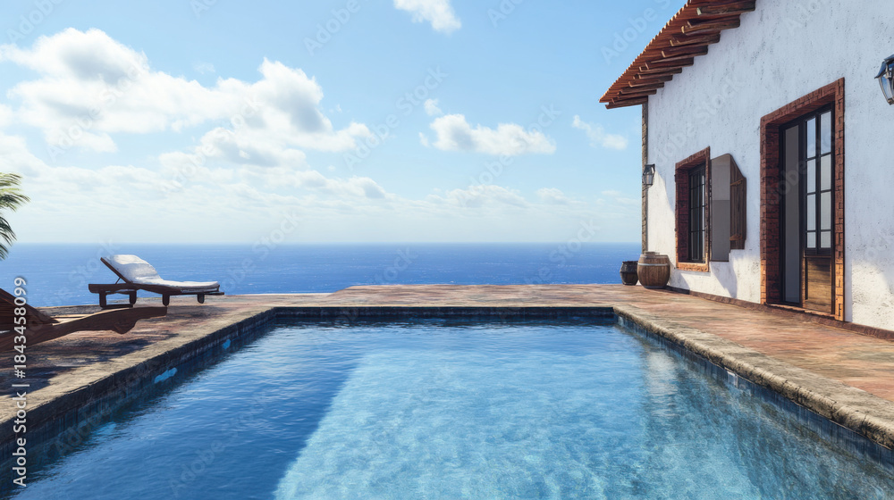 Fototapeta premium Beautiful villa with a stunning ocean view and a serene swimming pool under a clear sky