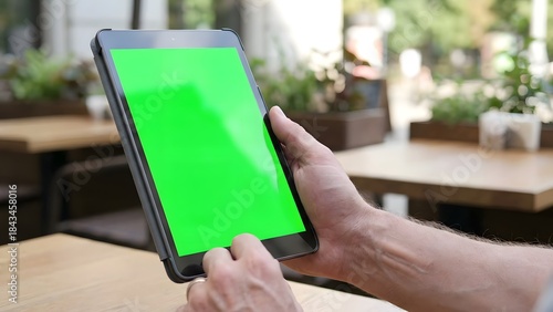 Person Using Tablet with Green Screen in Indoor Setting.