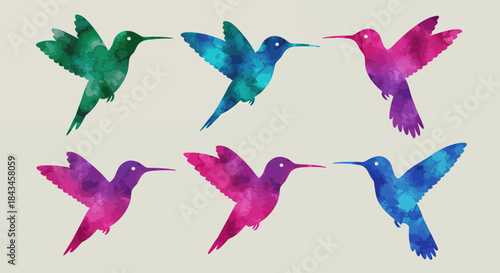 Six colorful watercolor hummingbirds flying, depicted with vibrant textured wings and bodies against a light background.