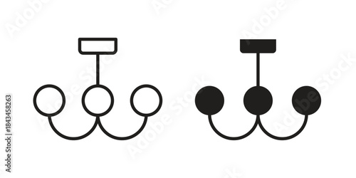 Chandelier icons. Solid black silhouette and line art outline. Minimal design element,