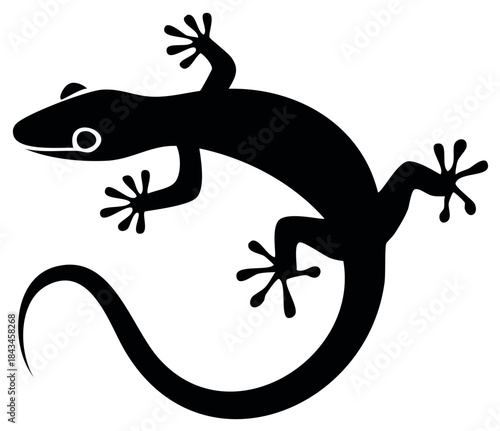 Black silhouette illustration of a gecko lizard with splayed toes and a curled tail. simple design element